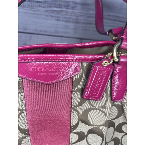 COACH F28501 Signature Stripe Drawstring Carryall Satchel Bag Pink Purse - Picture 4 of 16